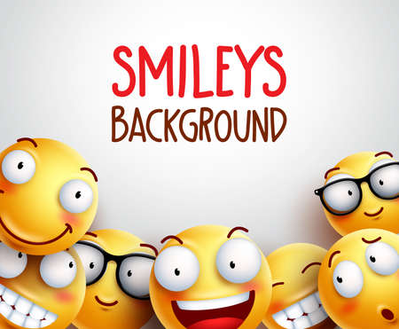 Smileys background vector illustration. Yellow emoticons with funny and happy facial expressions in white space empty background for text or message.のイラスト素材