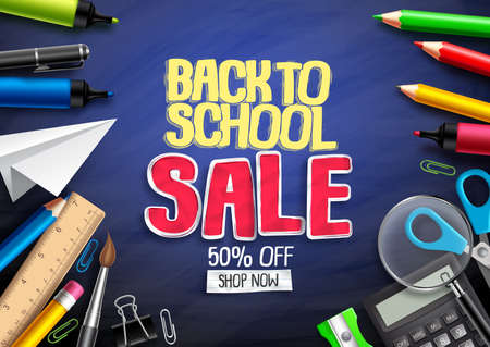 Back to school vector banner design for education shopping discount promotion with school supplies and sale text in blue textured background. Vector illustration.のイラスト素材