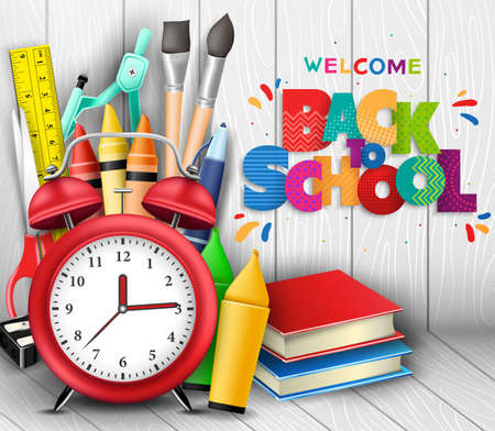 Colorful and Patterned Back to School Text in 3D Realistic Poster with Alarm Clock, Books, Crayons and other School Supplies in Wooden Background. Vector Illustrationのイラスト素材