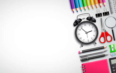 Back to school vector background template with school items and set of office supplies in white background with empty white space for text about education. Vector illustration.のイラスト素材