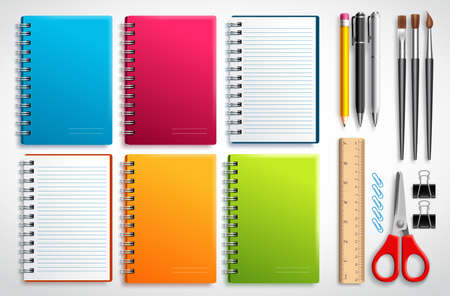 Notebook vector set with school items and office supplies isolated in white background for educational and back to school elements.のイラスト素材