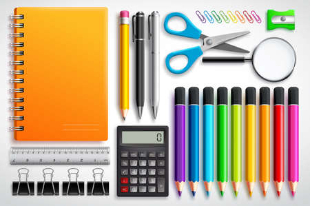 school supplies vector set with color pencils notebook pens and office supplies background