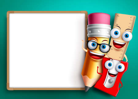 Back to school vector background template. Funny school characters and education items like whiteboard with empty blank space for text. Vector illustration.