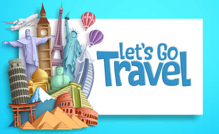 Travel and tourism vector banner template with Let's Go Travel text in a white empty space and famous landmarks and world destinations elements. Vector illustration.のイラスト素材