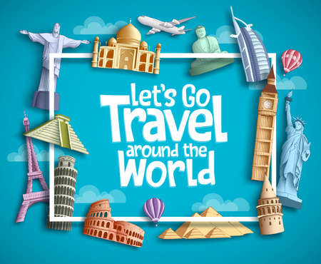 Travel and tourism vector banner design with boarder frame, travel text and famous landmarks and tourist destination elements in blue background. Vector illustration.のイラスト素材