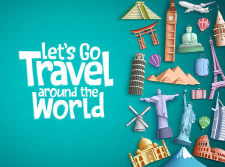 Travel around the world vector background design with famous tourism landmarks and world attractions elements and text in a blue empty space. Vector illustration.のイラスト素材