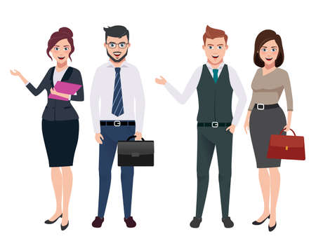 Business characters vector set with male and female business persons in different gestures and postures in white background. Vector illustration.のイラスト素材