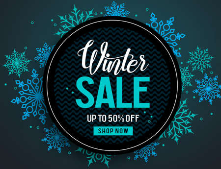 Winter sale vector banner template with colorful snowflakes elements and black empty circle for discount text in snow background for winter promotion. Vector illustration.のイラスト素材