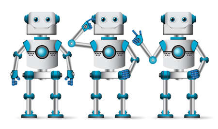 Robot characters vector set. Robotic mascot in white standing with different hand gestures for technology design element. Vector illustration.のイラスト素材