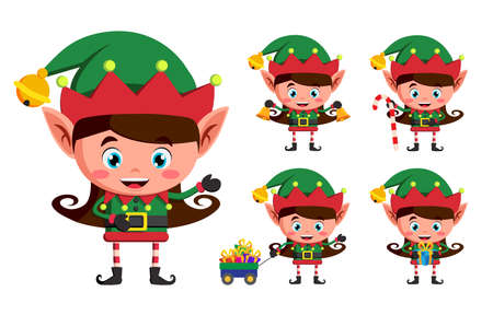 Girl elf christmas vector character set. Kid elves cartoon characters playing and holding christmas...