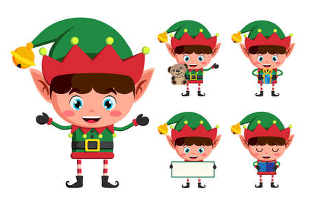 Christmas elf vector character set. Young boy elves cartoon charcaters holding christmas elements...