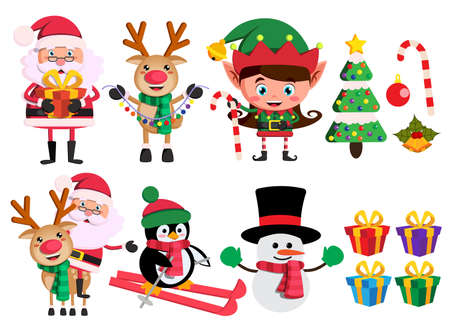 Christmas characters and elements vector set with santa claus, reindeer, elf and snowman holding christmas objects in white background.Vector illustration.のイラスト素材