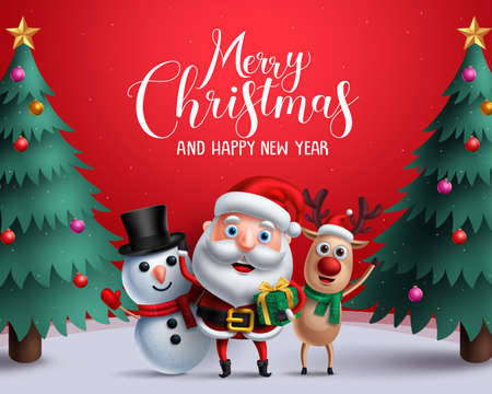 Christmas vector characters like santa claus, reindeer and snowman holding gift with merry christmas greeting and tree in a red background.