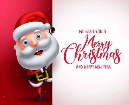 Santa claus vector character showing white board with merry christmas greeting. Christmas background template with space for text vector illustration.のイラスト素材