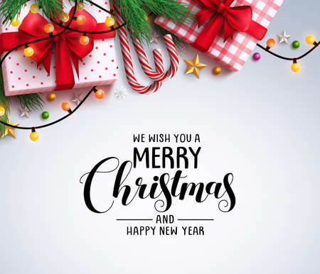 Christmas greeting vector background with text and colorful christmas elements like gifts, candy cane and lights in white background. Vector illustration.のイラスト素材