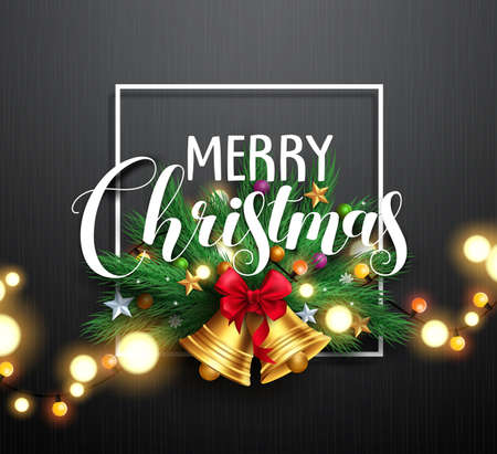 Merry christmas greeting typography and christmas wreath with gold bells and bright blurred christmas lights in black textured background. Vector illustration.のイラスト素材
