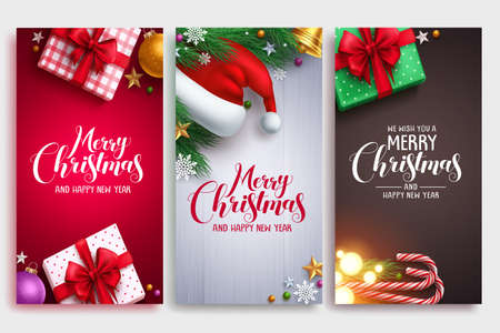 Christmas vector poster design set with colorful elements and merry christmas greeting text in an empty space. Vector illustration.のイラスト素材