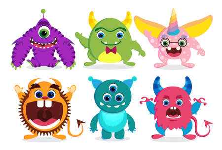 Cute monster vector characters elements set with funny faces and beast creature looks isolated in...