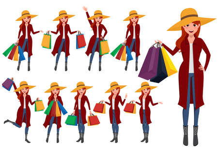 Shopping woman vector characters set. Girl shopper cartoon character wearing fashion clothing and holding shopping bag. Vector illustration.のイラスト素材