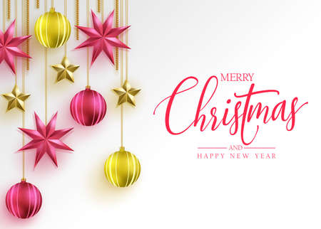 Simple Holiday Greeting Card in White Background with Gold and Red Christmas Balls and Stars with Merry Christmas and Happy New Year Message for Holiday Season. Vector Illustrationのイラスト素材