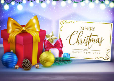 Realistic Christmas Design Window View Snowing Outside with Lights, Gifts, Pine Cone, Fir Branch and Christmas Balls with Greeting Typography  Merry Christmas and Happy New Year Message. Vector Illustrationのイラスト素材