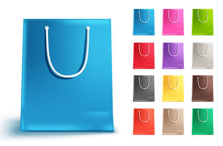Shopping bags vector set isolated in white. Colorful paper bag collection with blue and other colors for shopping and market design elements. Vector illustration.のイラスト素材