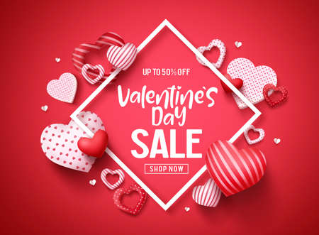 Valentines sale vector banner design. Valentines day store discount promotion template with hearts elements and white frame in red background. Vector illustration.