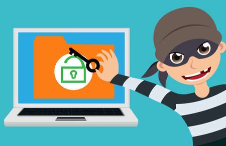 Computer hacker and thief vector character trying to hack and access login information and confidential files from unsecured laptop . Vector illustration.のイラスト素材