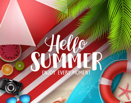 Hello summer vector banner design. Hello summer text with colorful beach elements like surfboard, lifebuoy and beach umbrella under coconut tree. Vector illustration.のイラスト素材