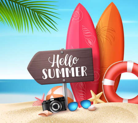 Hello summer vector design concept. Wooden sign board with hello summer text and beach elements like colorful surf board in sea shore background. Vector illustration.のイラスト素材