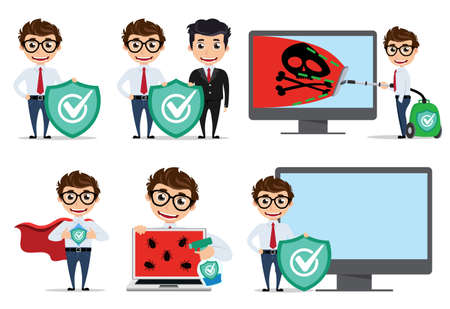 Computer programmer vector character set. Computer technician using antivirus application computers infected by virus. Vector illustration.のイラスト素材