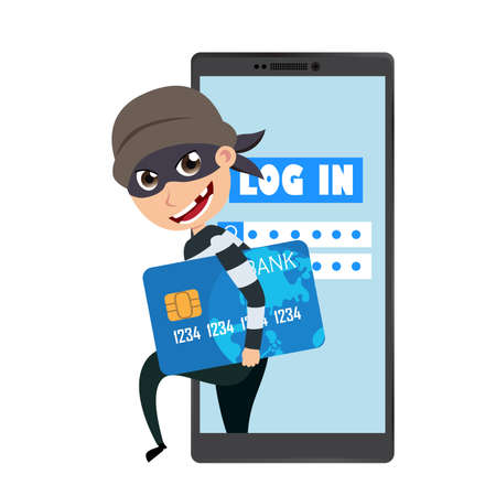 Hacker vector character holding credit card information stealing login information and online data in mobile phone. Vector illustration.のイラスト素材