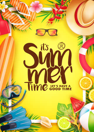 Summer Time 3D Realistic Vector Poster in Yellow Background with Frame and Tropical Elements Like Scuba Diving Equipment, Surf Board, Slippers, Digital Camera, Mobile Phone, Hat, Palm Leaves and Sunglasses. Vector Illustrationのイラスト素材