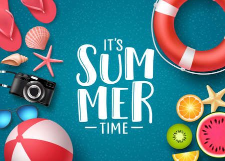 It's summer time vector banner design with text and summer elements like beach ball, seashells and fruits in blue textured background. Vector illustration.のイラスト素材