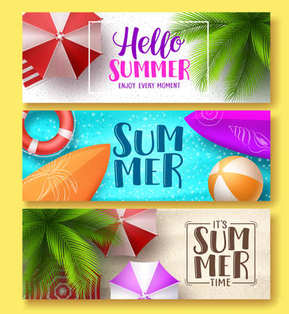 Summer design vector banner set. Hello summer greeting text in beach sand with colorful summer elements like, surfboard, balls and umbrella. Vector illustration.のイラスト素材