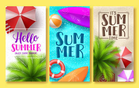 Summer design vector poster set. Hello summer greeting text in beach sand background with colorful elements like umbrella, ball and surfboard. Vector illustration.のイラスト素材