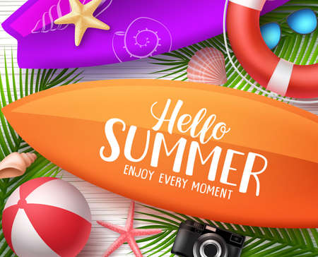 Hello summer vector design concept. Surfboard with Hello summer text and colorful beach elements and sea shells in palm leaves background. Vector illustration.のイラスト素材
