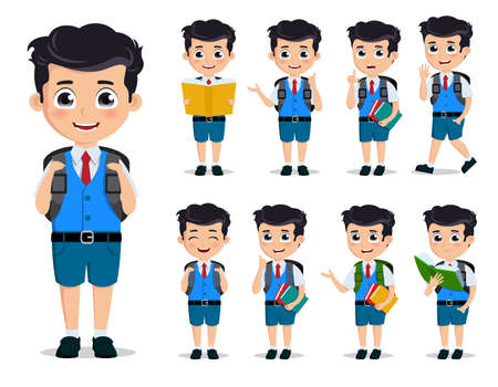 School kids vector characters set. Young student boy wearing school uniform and backpack in various standing posses, reading books and doing education activities. Vector illustration.のイラスト素材
