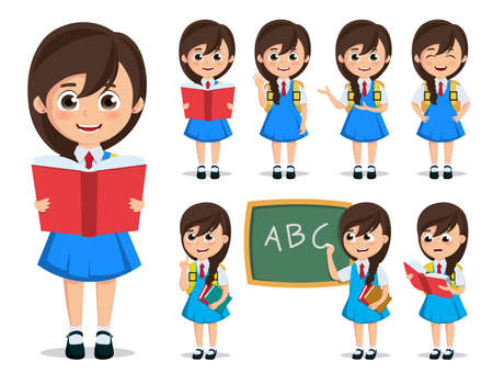 School girl student vector character set. Back to school kid cartoon character wearing uniform reading books and doing education activities in white background. Vector illustration.のイラスト素材
