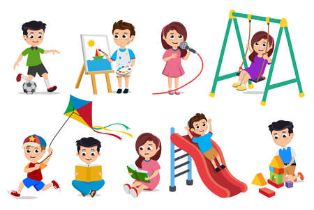 Kids playing vector characters set. Young boys and girls doing educational and school activities like playing toys, painting and reading book isolated in white. Vector illustration.のイラスト素材
