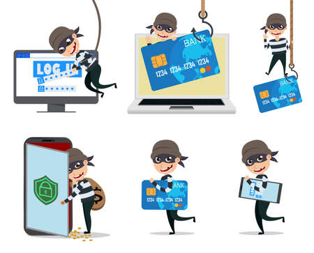 Computer hacker vector character set. Cyber security thief hacking computer and mobile stealing credit card information. Vector illustration.のイラスト素材