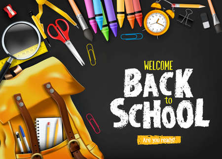 Back to School In Black Background Banner with Orange Backpack and School Supplies Like Notebook, Pen, Pencil, Colors, Ruler, Magnifying Glass, Eraser, Paper Clip, Sharpener, Alarm Clock and Paint Brush 3D Realistic Design. Vector Illustrationのイラスト素材