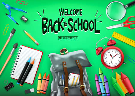 Welcome Back to School In Green Background Banner with  Black Backpack and School Supplies Like Notebook, Pen, Pencil, Colors, Ruler, Magnifying Glass, Eraser, Paper Clip, Sharpener, Alarm Clock and Paint Brush 3D Realistic Design. Vector Illustrationのイラスト素材