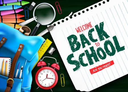 Welcome Back to School In Green Chalkboard Background Banner with Blue Backpack and School Supplies Like Notebooks, Pen, Pencil, Colors, Ruler, Magnifying Glass, Eraser, Paper Clip, Sharpener, Alarm Clock and Paint Brush 3D Realistic Design. Vector Illustrationのイラスト素材