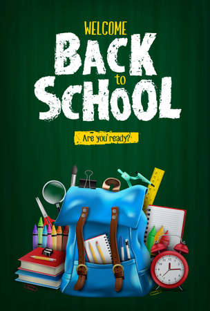 Back to School In Green Chalkboard Background Vertical Poster with Blue Backpack and School Supplies Like Notebook, Pen, Pencil, Colors, Ruler, Magnifying Glass, Eraser, Paper Clip, Sharpener, Alarm Clock and Paint Brush 3D Realistic Design. Vector Illustrationのイラスト素材