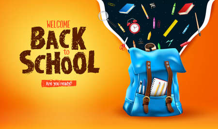 Welcome Back to School Are You Ready Lettering in Orange Gradient Mesh Background Banner with 3D Realistic Blue Backpack and School Suppliesのイラスト素材