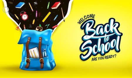 Welcome Back to School Are You Ready Message in Yellow Gradient Mesh Background Banner with 3D Realistic Blue Backpack and School Suppliesのイラスト素材