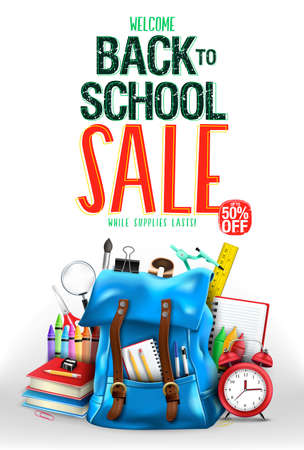 Welcome Back to School Sale Up to 50% Off in White Background Poster Vector Illustration Design with 3D Realistic Design Blue Backpack and School Suppliesのイラスト素材