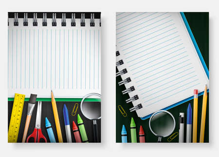 Isolated Back to School Poster Set Template with Notebook in Chalkboard Background with Space for Text  Used for Advertisement and Promotion with Various School Suppliesのイラスト素材