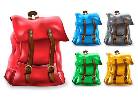Backpack 3D Realistic Bag Set Design with Different Color Variations Like Red, Blue, Black, Green, and Yellow in White Isolated Background for Back to School or Travel. Vector Illustrationのイラスト素材